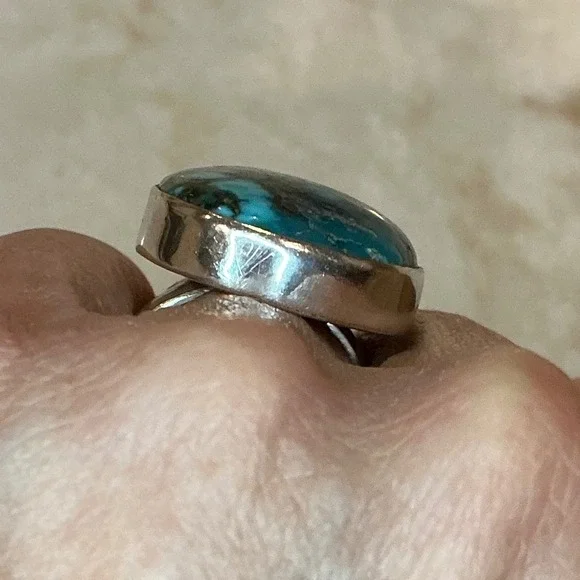 Sterling Silver 925 Turquoise Statement Ring Size‎ 7.5 Oval Stone Band - Picture 7 of 7